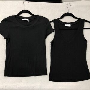 LNA Clothing T-Shirt Tank Top Set Womens XS Black Ribbed Knit Crew V-Neck Basics